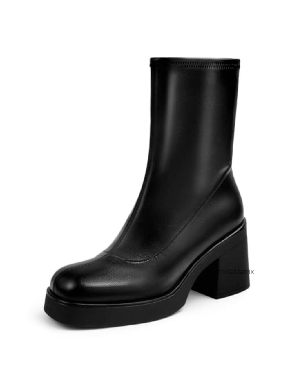 Women's Square Toe Stretch Mid Calf Boots Faux Leather Chunky Block Heel